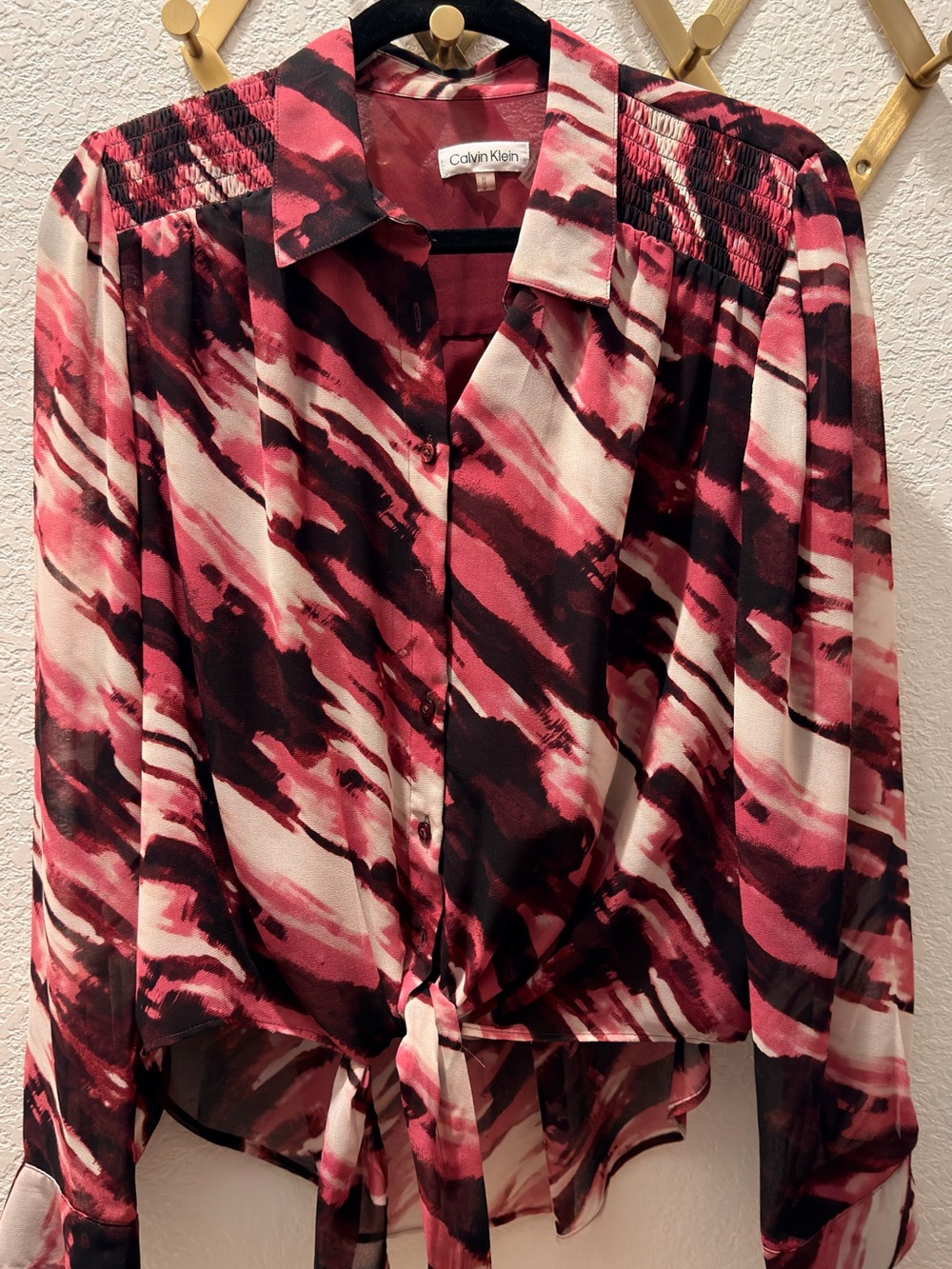 Calvin Klein Pink, Black & White Abstract Tie-Front Button-Down Shirt